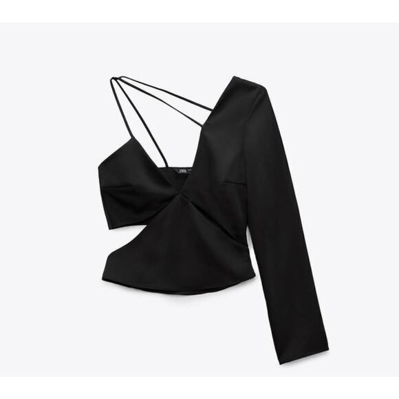 NWT Zara Womens Size Large Asymmetric Satin V-Neck One Shoulder‎ Blouse Black - Picture 1 of 11